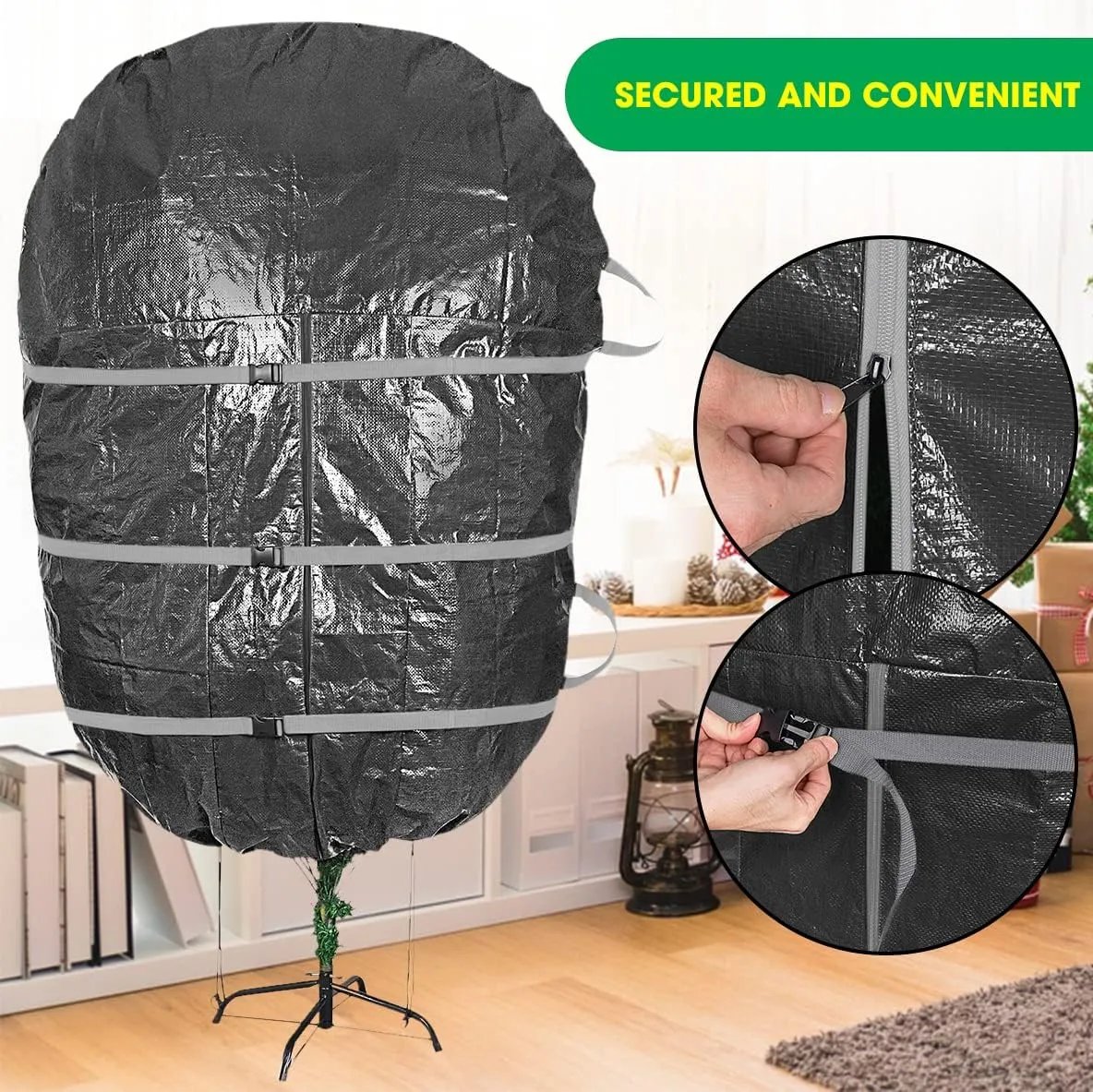 ProPik Upright Christmas Tree Storage Bag - Fits 9 Ft. Xmas Tree - Heavy Duty Polyethylene, Waterproof Bag - Reusable, Adjustable, Zipper Closure, Ergonomic Handles for Transportation (9ft, Black)