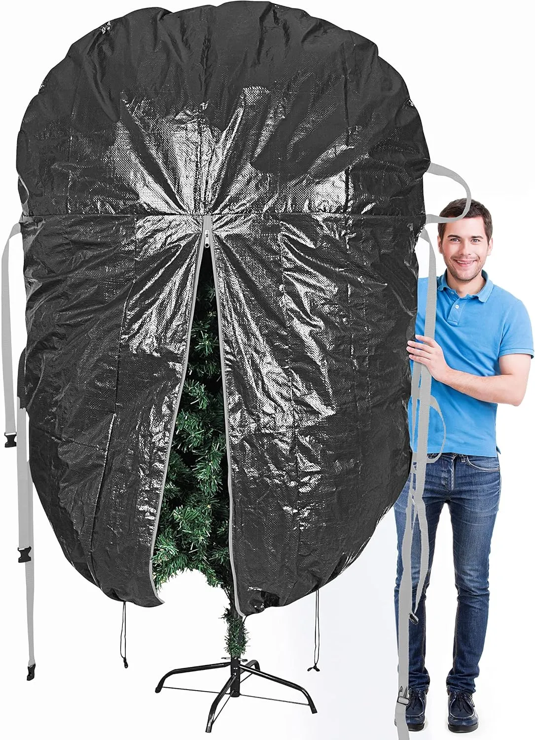 ProPik Upright Christmas Tree Storage Bag - Fits 9 Ft. Xmas Tree - Heavy Duty Polyethylene, Waterproof Bag - Reusable, Adjustable, Zipper Closure, Ergonomic Handles for Transportation (9ft, Black)