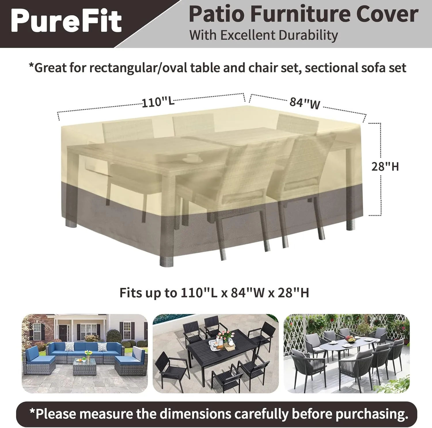 PureFit Patio Furniture Covers Outdoor Table Furniture Cover Waterproof Canvas Rectangle 650D Patio Covers for Outdoor Furniture, Lawn, Deck, Backyard, Anti-fade & Tear Resistant, 110"L x 84"W x 28"H