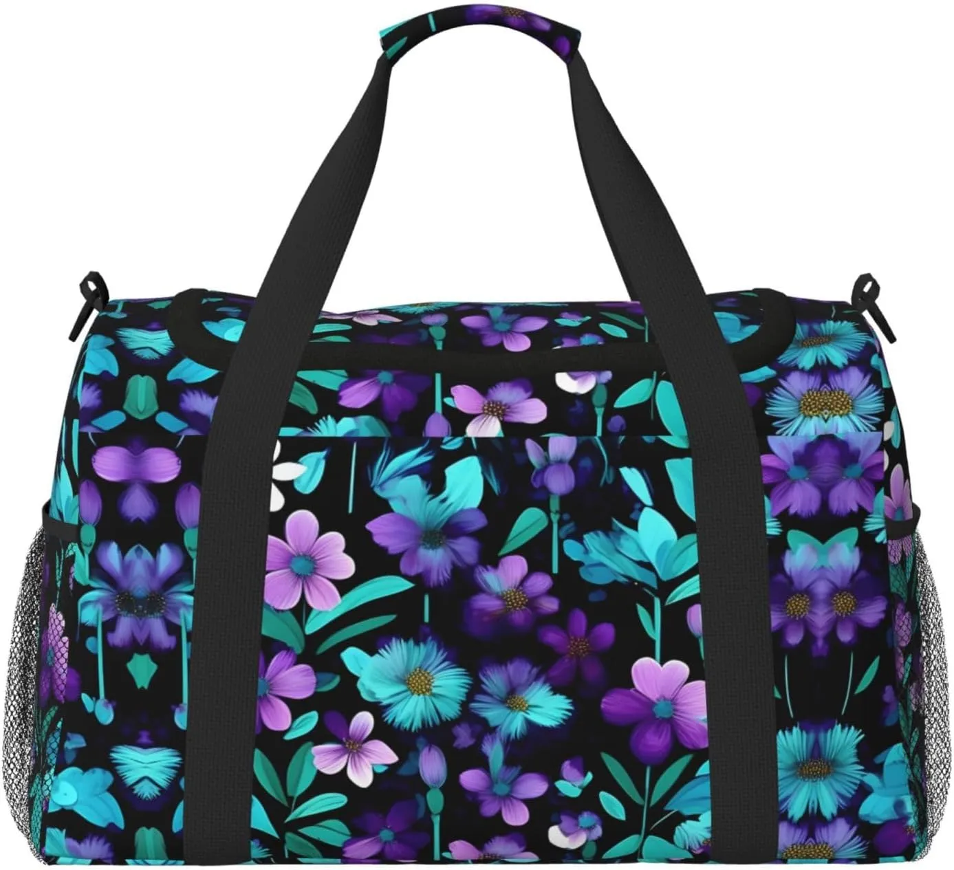 purple and teal flower print Large Canvas Travel Duffel Bag Weekender Bags for Women Overnight Bag Carry On Tote Bag