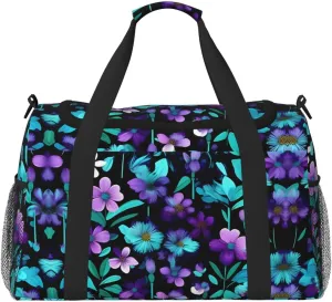 purple and teal flower print Large Canvas Travel Duffel Bag Weekender Bags for Women Overnight Bag Carry On Tote Bag
