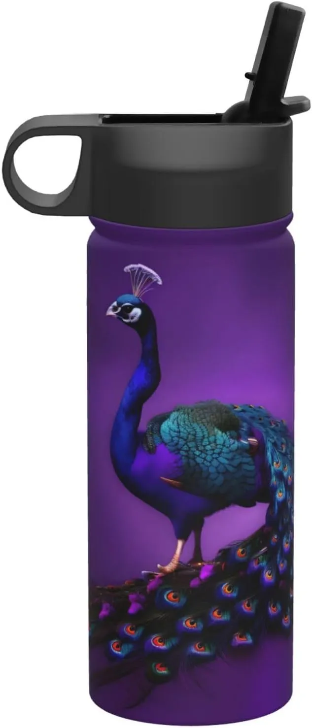 Purple Peacock pattern Print Flask Stainless Steel Water Bottle with Straw 18OZ FOR Outdoor Gym Commute