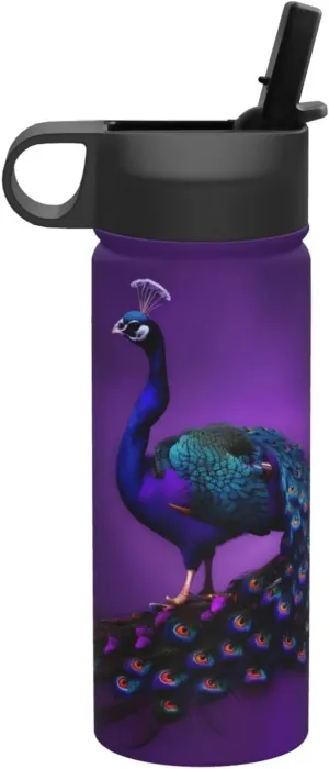 Purple Peacock pattern Print Flask Stainless Steel Water Bottle with Straw 18OZ FOR Outdoor Gym Commute