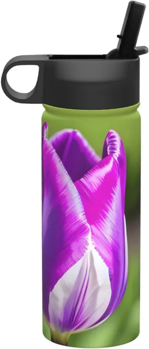 Purple Tulip Print Flask Stainless Steel Water Bottle with Straw 18OZ FOR Outdoor Gym Commute
