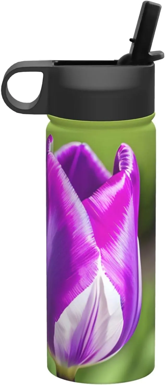 Purple Tulip Print Flask Stainless Steel Water Bottle with Straw 18OZ FOR Outdoor Gym Commute