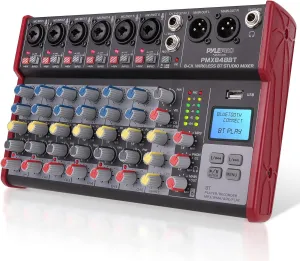 Pyle Professional Wireless DJ Audio Mixer - 8-Channel Bluetooth Compatible DJ Controller Sound Mixer w/USB Port, 6 Mic/Line Input, ¼” Mono/Stereo Input, Headphone Jack,  48V Phantom Power - PMX848BT