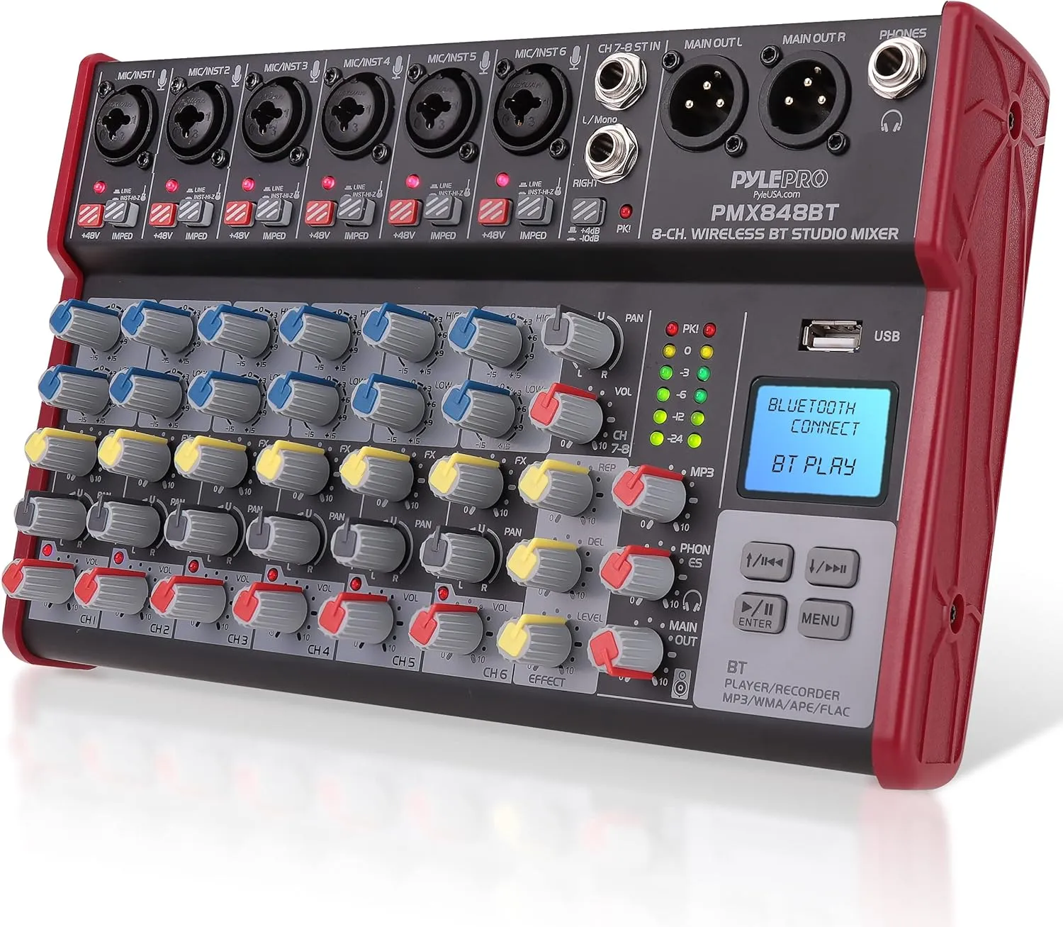 Pyle Professional Wireless DJ Audio Mixer - 8-Channel Bluetooth Compatible DJ Controller Sound Mixer w/USB Port, 6 Mic/Line Input, ¼” Mono/Stereo Input, Headphone Jack,  48V Phantom Power - PMX848BT