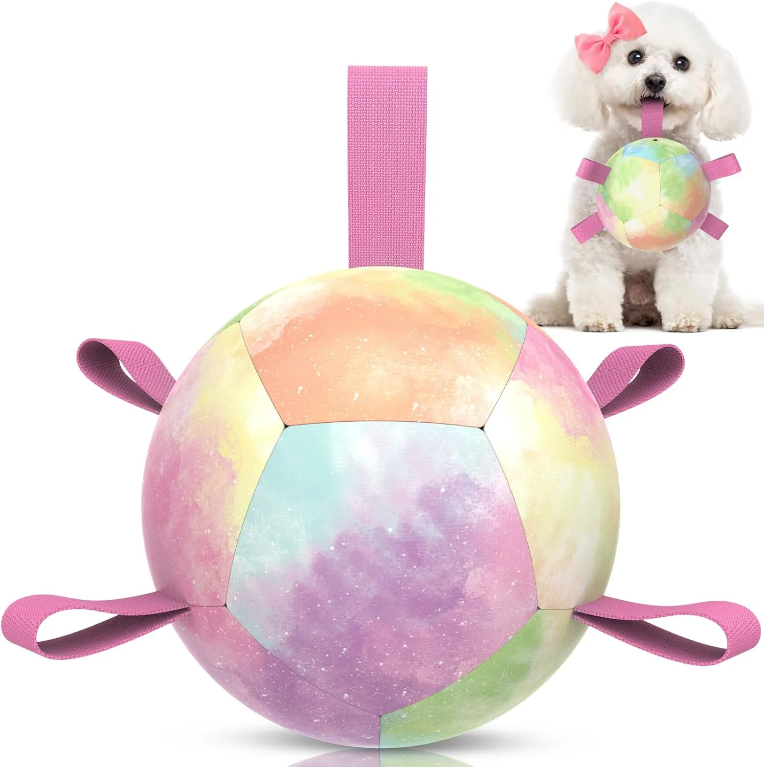 QDAN Dog Toys Soccer Ball with Straps, Durable Dog Balls for Tug of War, Puppy Birthday Gifts, Dogs Water Toy Small Dogs-Rainbow（5 Inch）