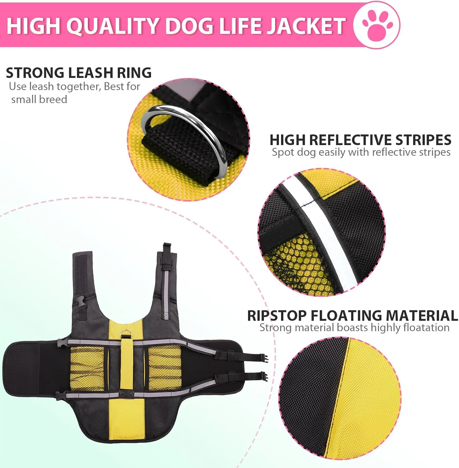 Queenmore Dog Life Jacket Lifesaver Preserver High Buoyancy with Emergency Grab Handle for Small & Medium Dogs BrightBrightYellow, X-Small