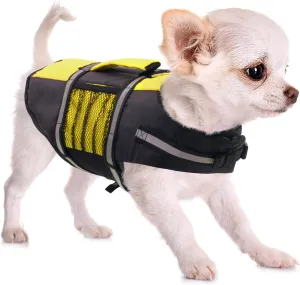 Queenmore Dog Life Jacket Lifesaver Preserver High Buoyancy with Emergency Grab Handle for Small & Medium Dogs BrightBrightYellow, X-Small