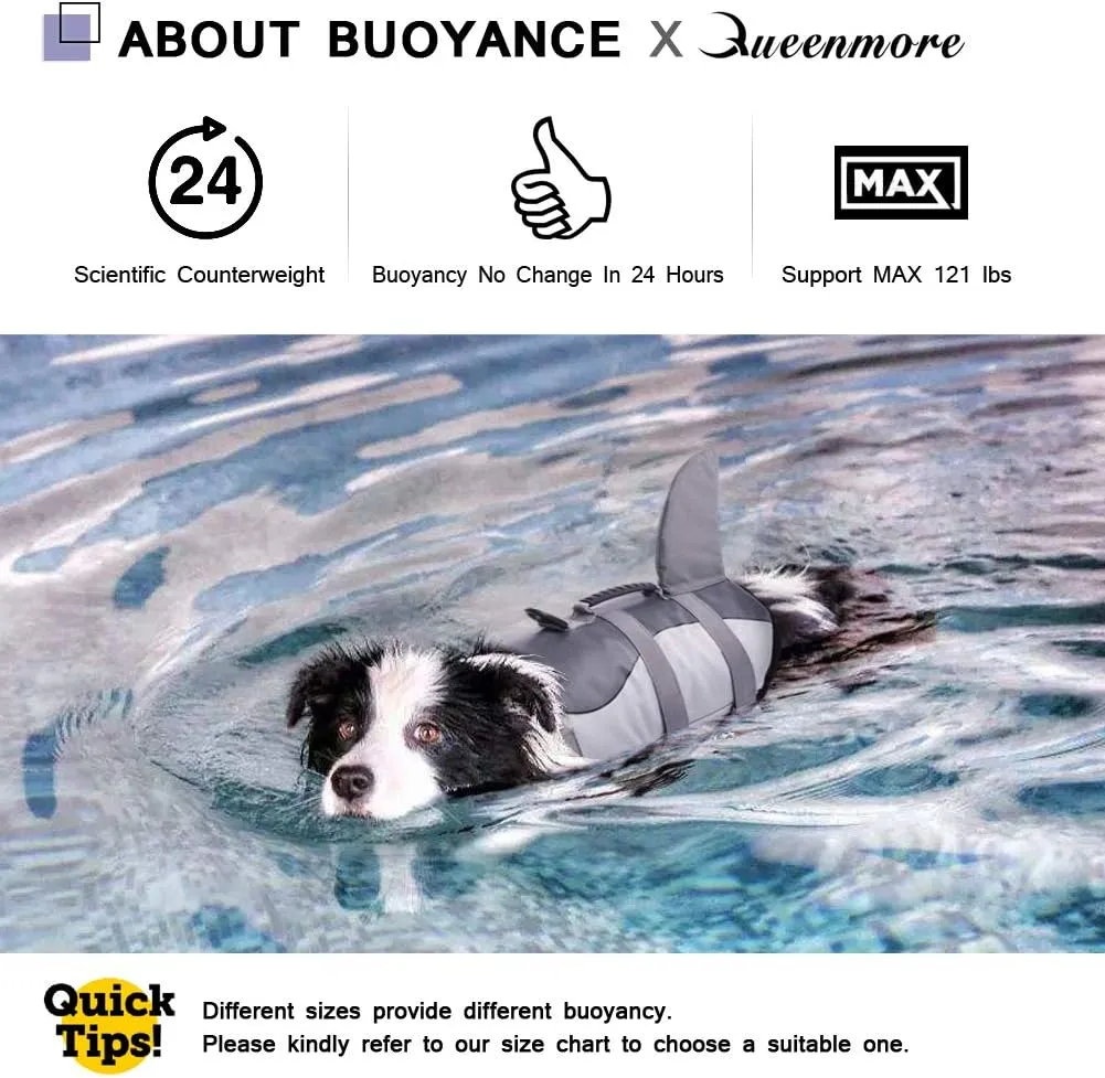 Queenmore Dog Life Jacket Ripstop Dog Safety Vest Adjustable Preserver with High Buoyancy and Durable Rescue Handle for Small,Medium,Large Dogs, Grey Shark Medium