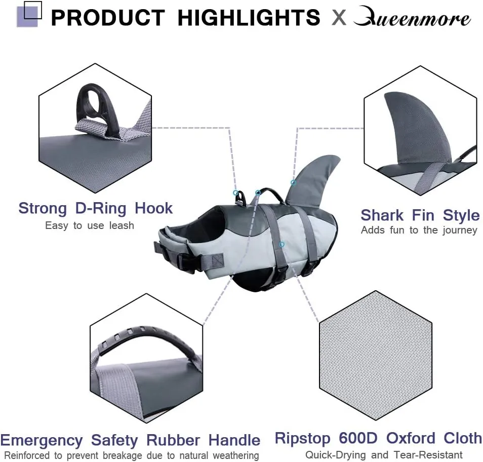 Queenmore Dog Life Jacket Ripstop Dog Safety Vest Adjustable Preserver with High Buoyancy and Durable Rescue Handle for Small,Medium,Large Dogs, Grey Shark Medium