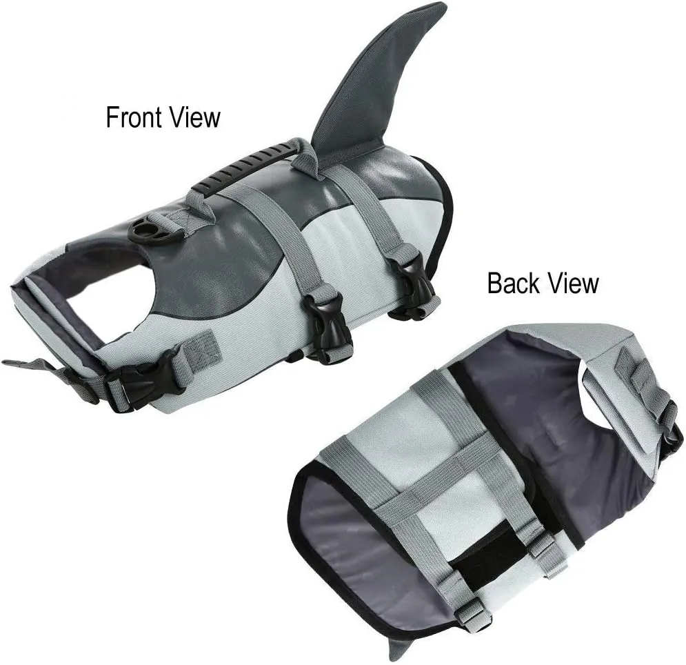 Queenmore Dog Life Jacket Ripstop Dog Safety Vest Adjustable Preserver with High Buoyancy and Durable Rescue Handle for Small,Medium,Large Dogs, Grey Shark Medium
