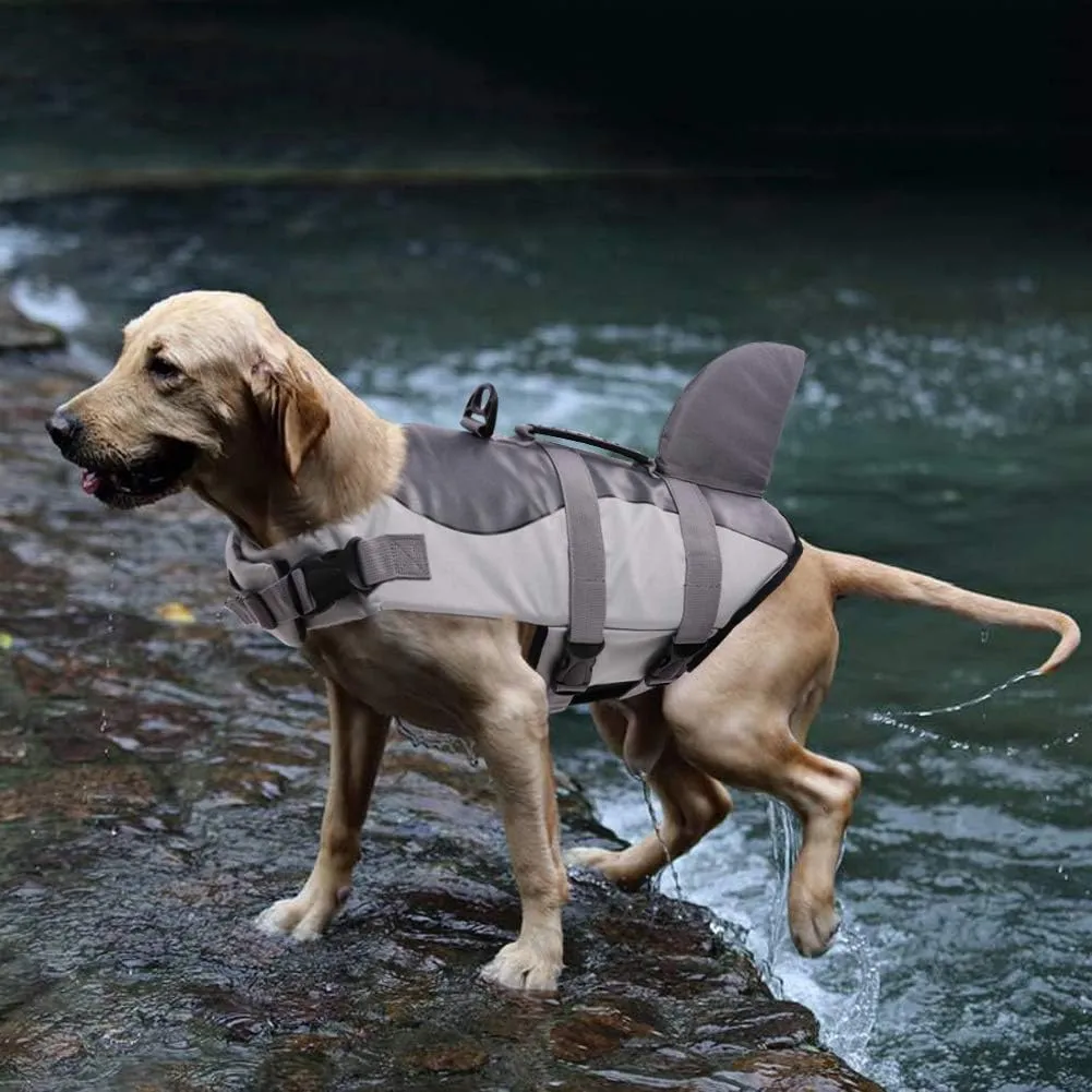 Queenmore Dog Life Jacket Ripstop Dog Safety Vest Adjustable Preserver with High Buoyancy and Durable Rescue Handle for Small,Medium,Large Dogs, Grey Shark Medium