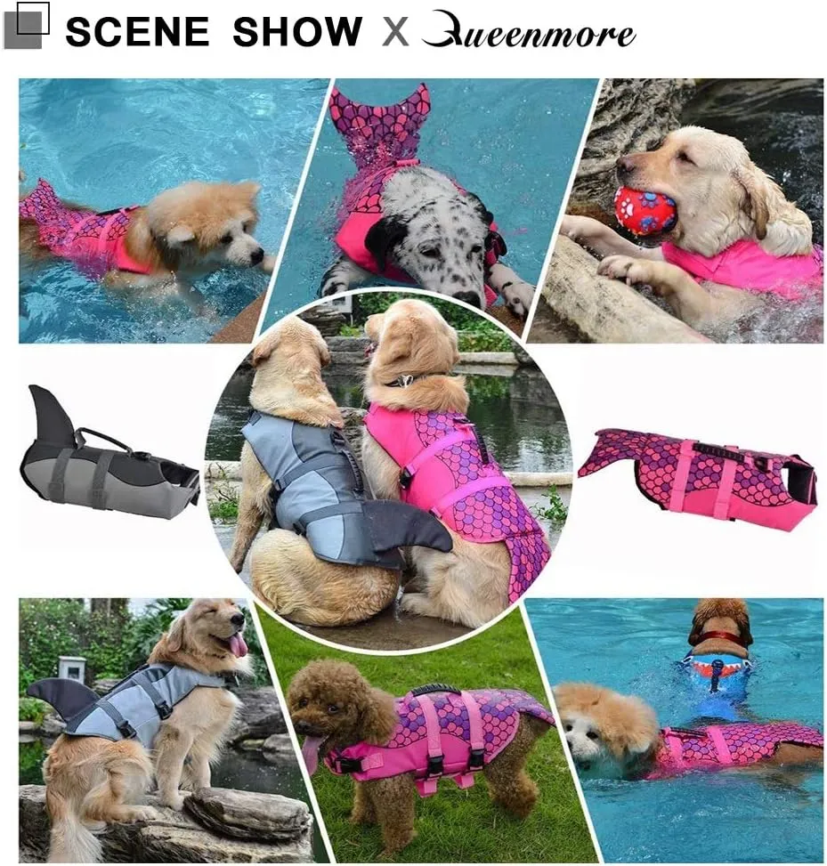 Queenmore Dog Life Jacket Ripstop Dog Safety Vest Adjustable Preserver with High Buoyancy and Durable Rescue Handle for Small,Medium,Large Dogs, Grey Shark Medium