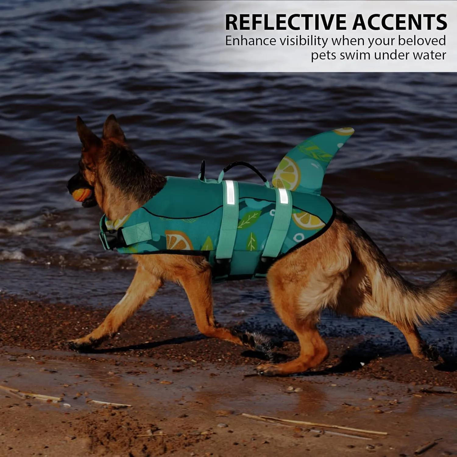Queenmore Dog Life Jacket with Rescue Handle - Adjustable Reflective Dog Vest for Swimming, Medium Dog, Green Print M