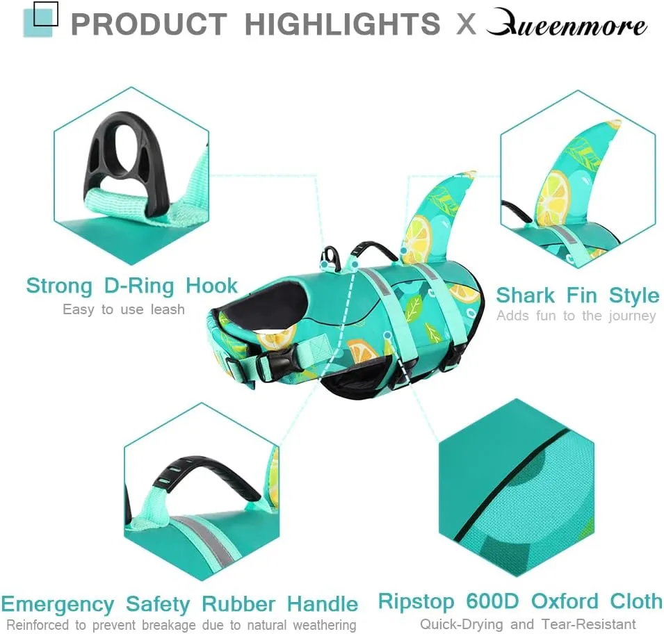 Queenmore Dog Life Jacket with Rescue Handle - Adjustable Reflective Dog Vest for Swimming, Medium Dog, Green Print M
