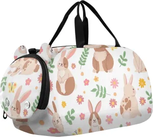 Rabbit Flower and Butterfly Gym Travel Duffel Bag with Shoe Compartment for Boys Girls - Gymnastics Sports Dance Football Travel Bag Teens Weekender Sleepover