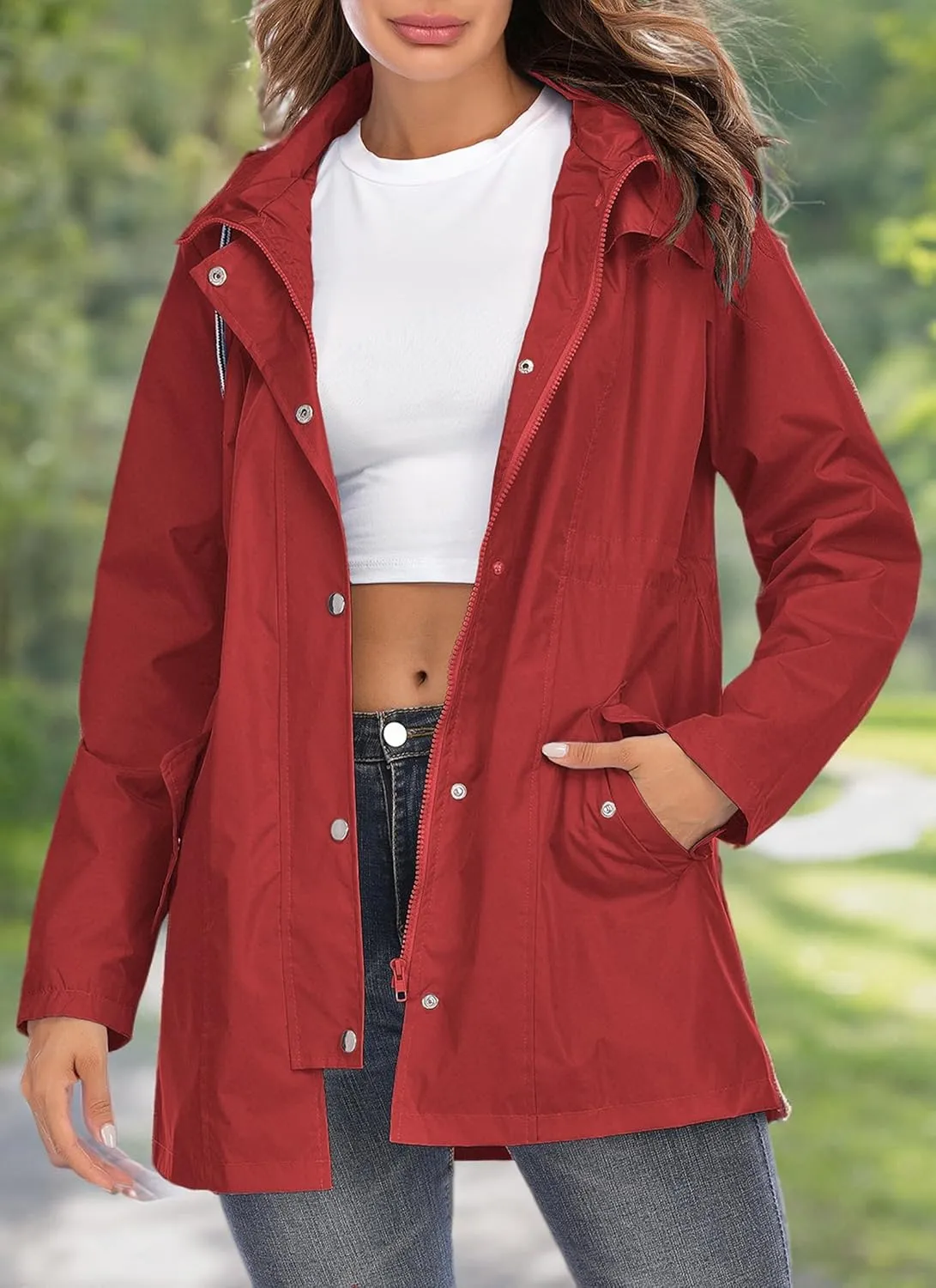 Rain Jacket Women Striped Lined Hooded Lightweight Raincoat Outdoor Waterproof Windbreaker