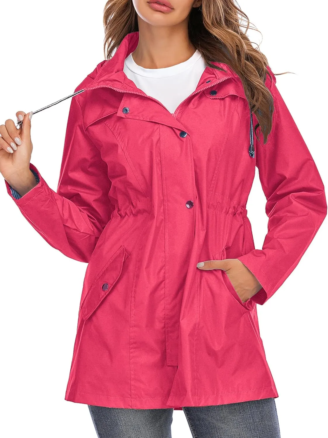 Rain Jacket Women Striped Lined Hooded Lightweight Raincoat Outdoor Waterproof Windbreaker