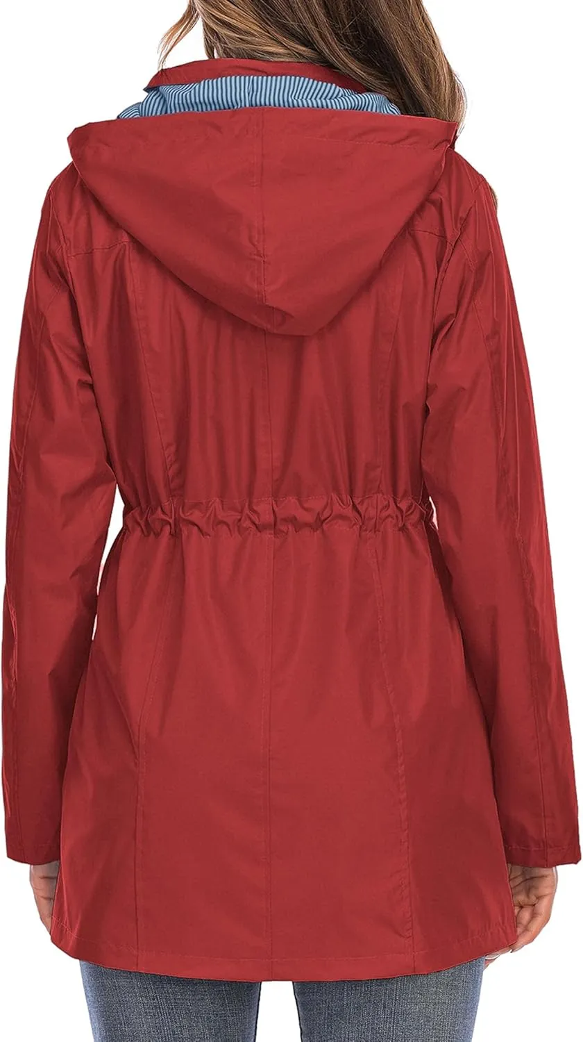 Rain Jacket Women Striped Lined Hooded Lightweight Raincoat Outdoor Waterproof Windbreaker