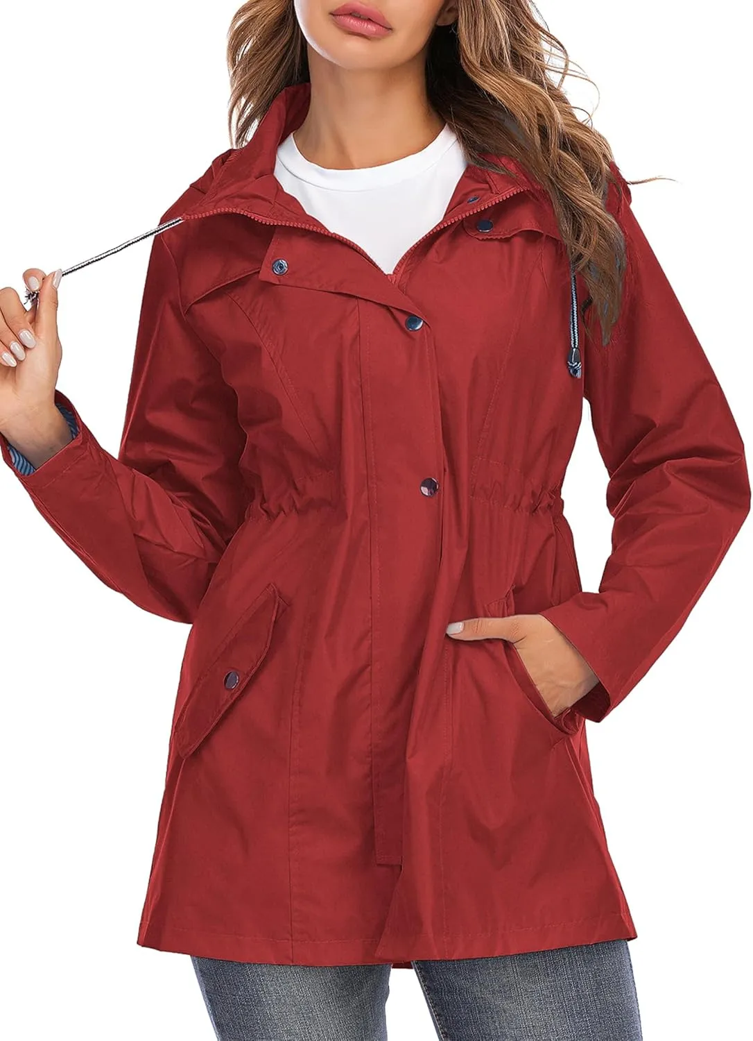Rain Jacket Women Striped Lined Hooded Lightweight Raincoat Outdoor Waterproof Windbreaker