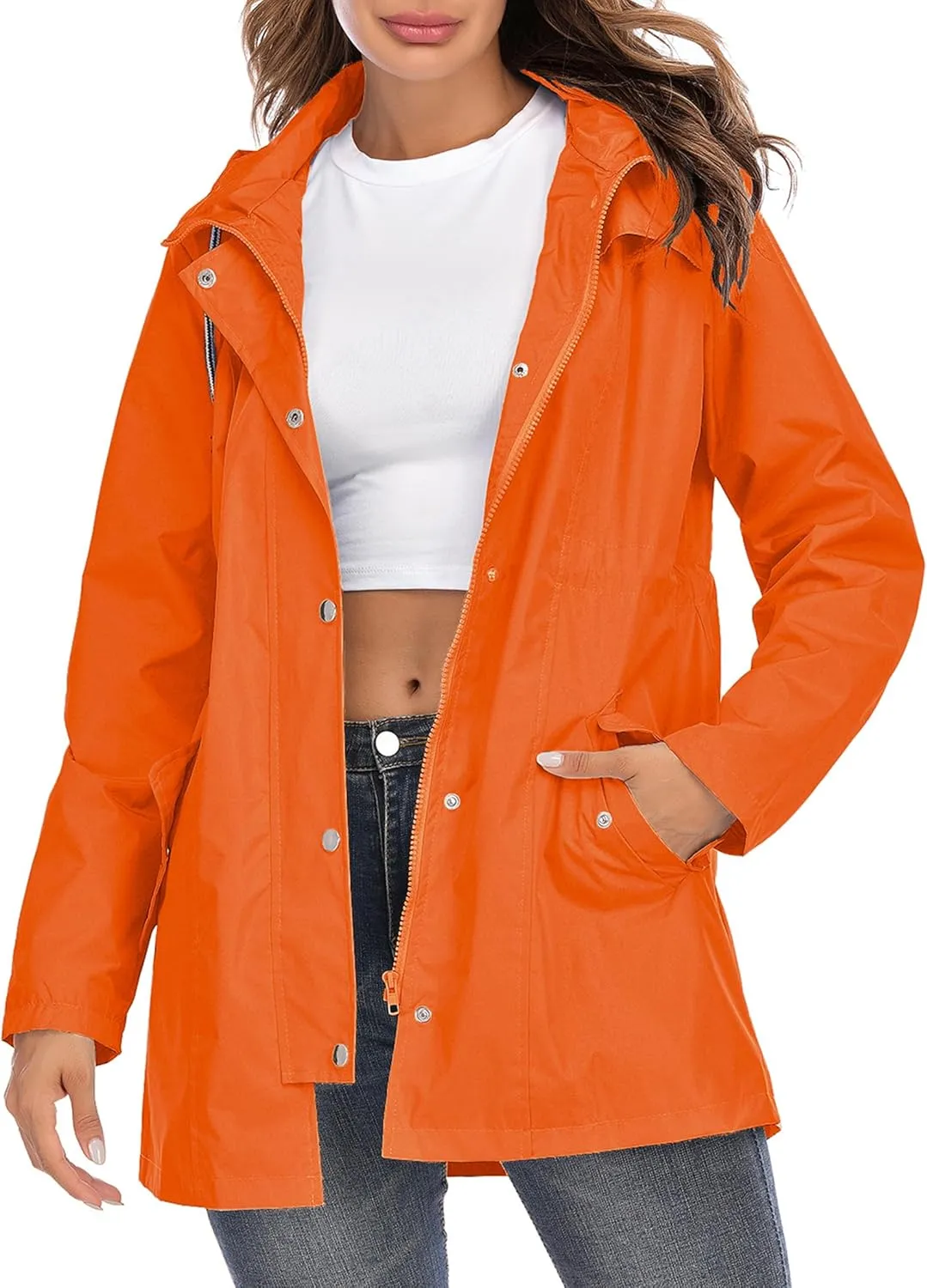 Rain Jacket Women Striped Lined Hooded Lightweight Raincoat Outdoor Waterproof Windbreaker