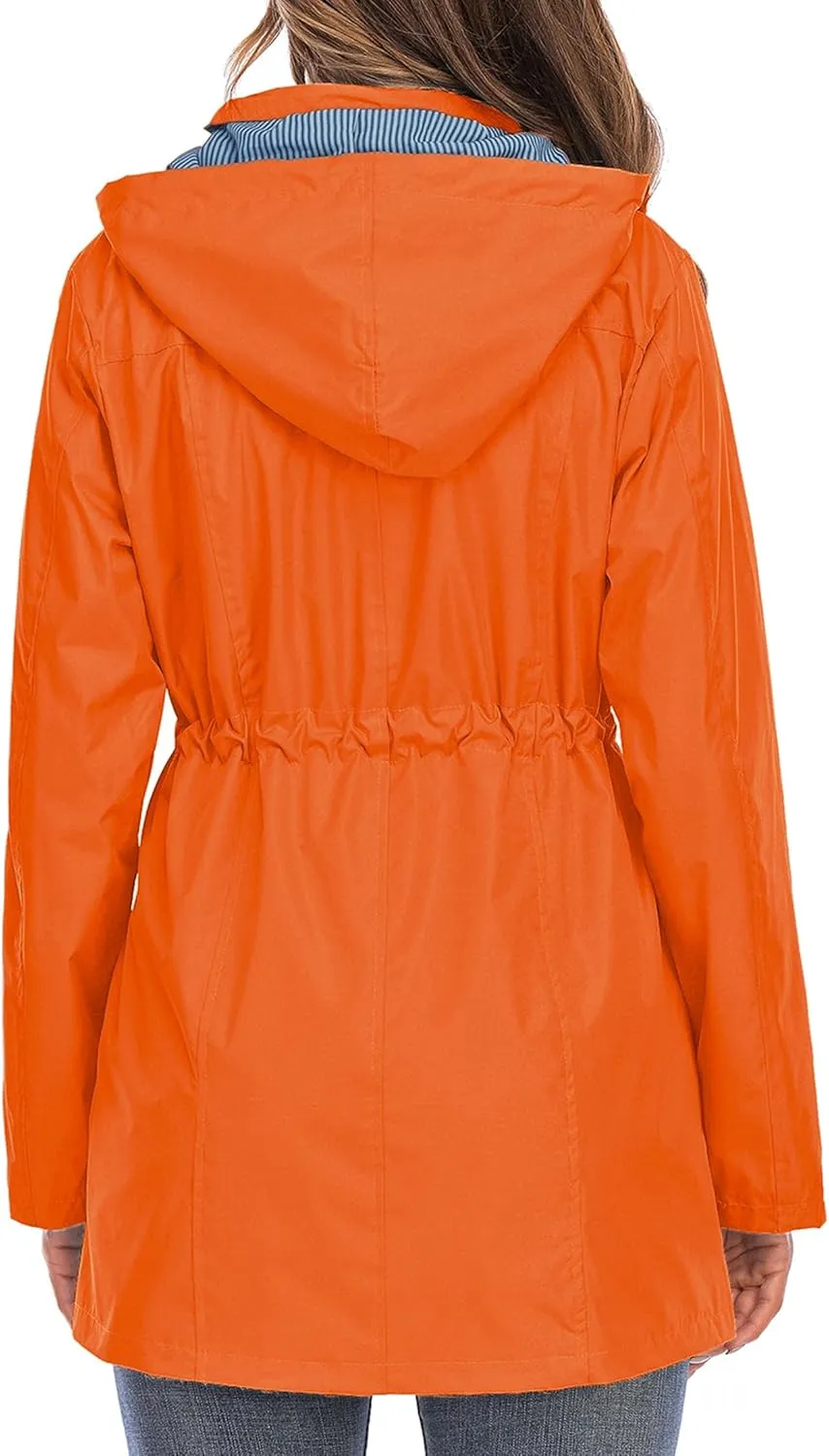 Rain Jacket Women Striped Lined Hooded Lightweight Raincoat Outdoor Waterproof Windbreaker