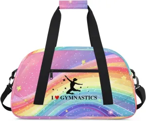Rainbow Gymnastics Patterns Personalized Duffle Bag for Kids Custom Dance Ballet Bag with Name Lightweight Travel Weekender Overnight Bags Sport Gym Duffel Bag Workout Carry On Tote for Girls Boys