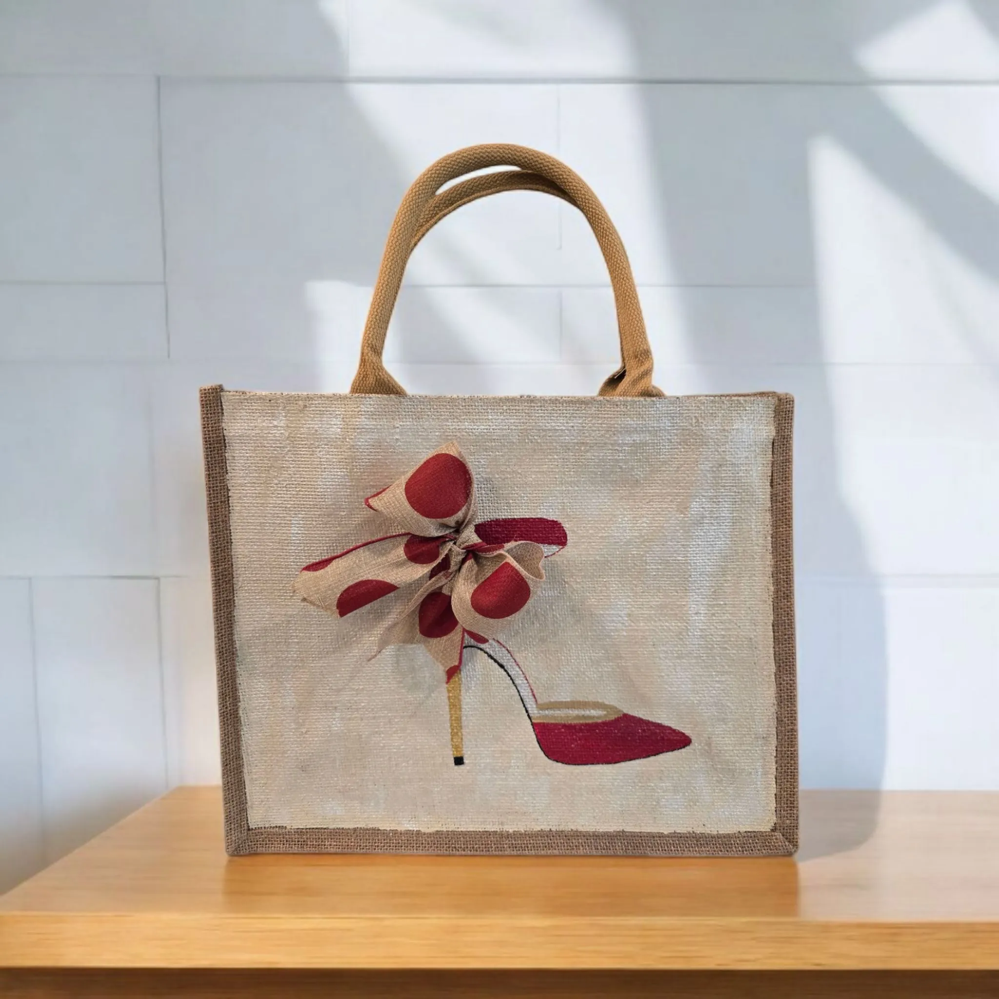 Red and Tan Polka Dot Stiletto Tote Bag