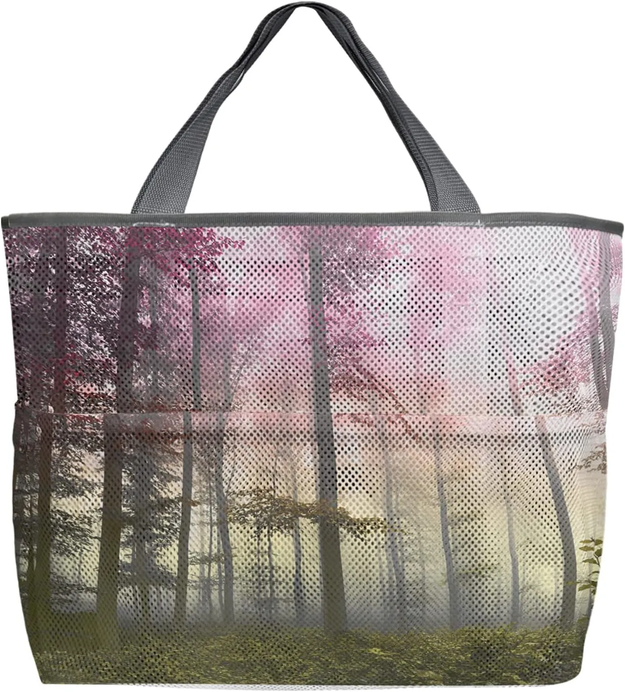 Red Yellow Ombre Beach Tote Bag for Women, Farmhouse Fall Romantic Nature Forest Fog Mesh Beach Bags Waterproof Sandproof, Outdoor Picnic Swim Pool Handbag - Large Beach Bag with Zipper and Pockets