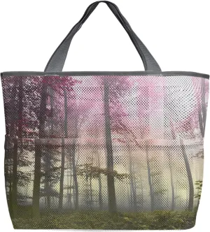 Red Yellow Ombre Beach Tote Bag for Women, Farmhouse Fall Romantic Nature Forest Fog Mesh Beach Bags Waterproof Sandproof, Outdoor Picnic Swim Pool Handbag - Large Beach Bag with Zipper and Pockets
