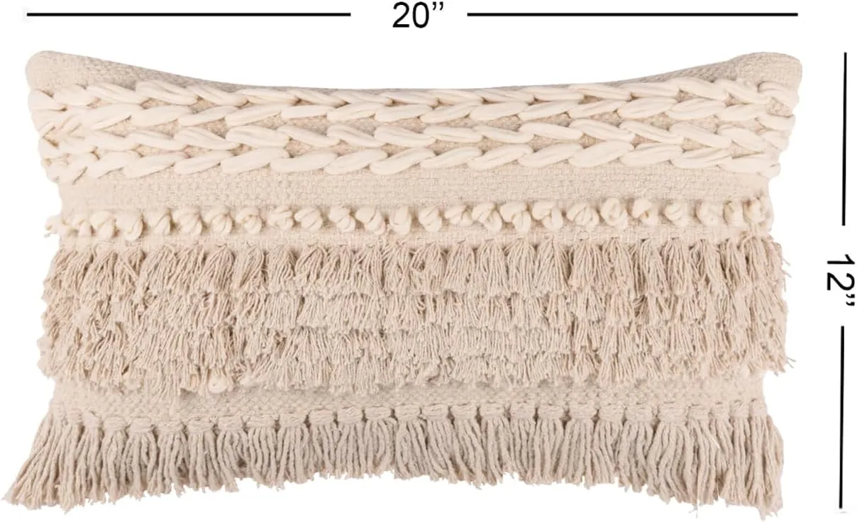 REDEARTH · Boho Textured Throw Pillow Cushion Covers- Lumbar Woven Tufted Decorative Farmhouse Cases Set for Couch, Sofa, Bed, Chair, Dining, Patio, Outdoor; 100% Cotton (12"x20", Natural) Pack of 2