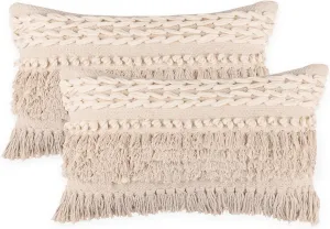 REDEARTH · Boho Textured Throw Pillow Cushion Covers- Lumbar Woven Tufted Decorative Farmhouse Cases Set for Couch, Sofa, Bed, Chair, Dining, Patio, Outdoor; 100% Cotton (12"x20", Natural) Pack of 2