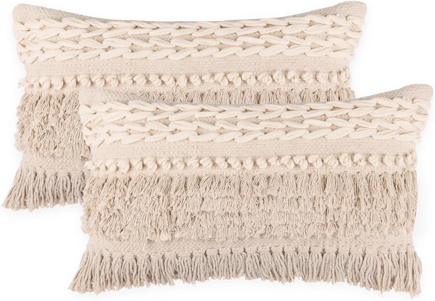 REDEARTH · Boho Textured Throw Pillow Cushion Covers- Lumbar Woven Tufted Decorative Farmhouse Cases Set for Couch, Sofa, Bed, Chair, Dining, Patio, Outdoor; 100% Cotton (12"x20", Natural) Pack of 2