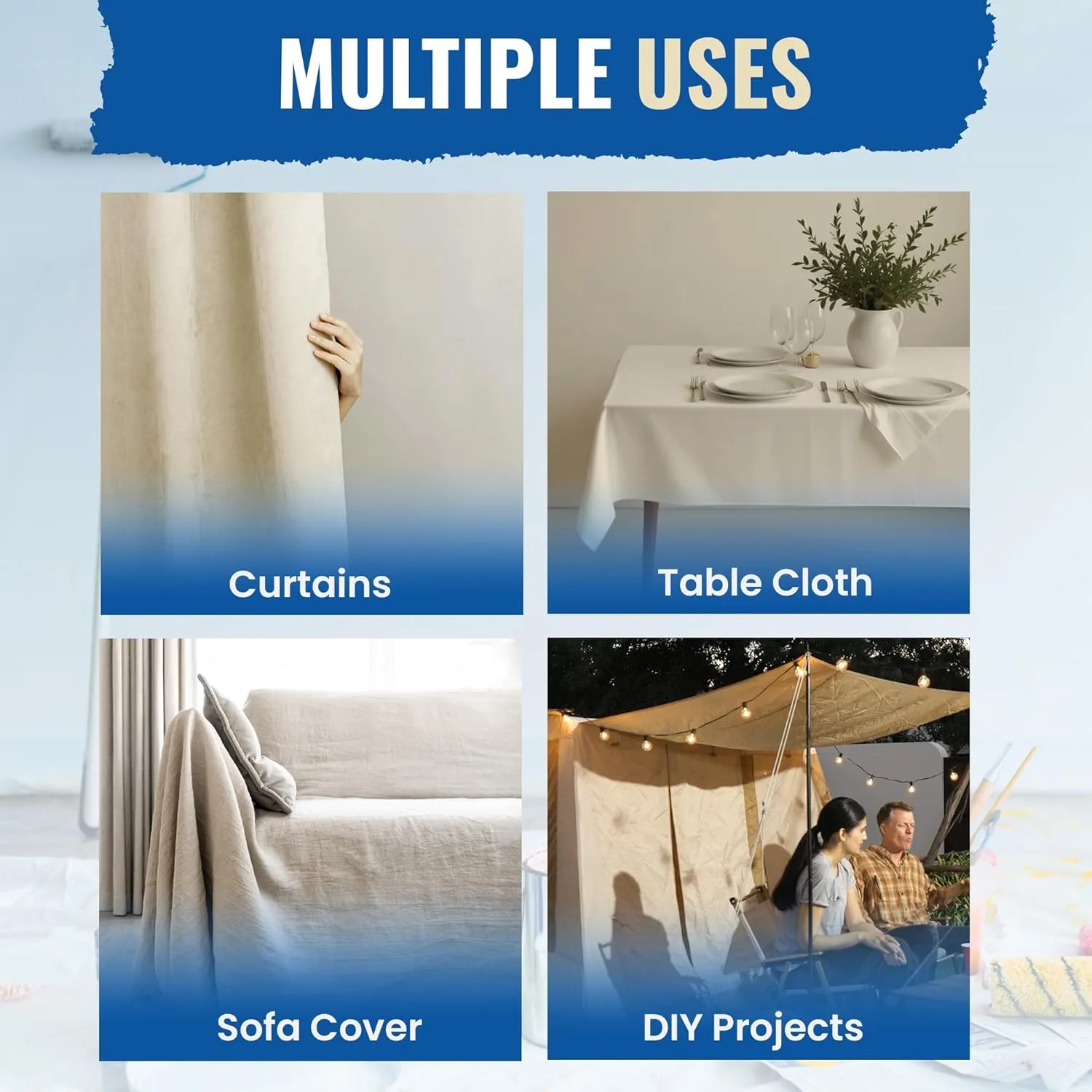 REDIBLUE Canvas Drop Cloth for Painting - Washable, Durable, Highly Absorbent Seamless Cotton Fabric, Multipurpose Protection for Floor, Carpet, Furniture, Indoor, Outdoor Use, 8oz, 4x6ft (Pack of 4)