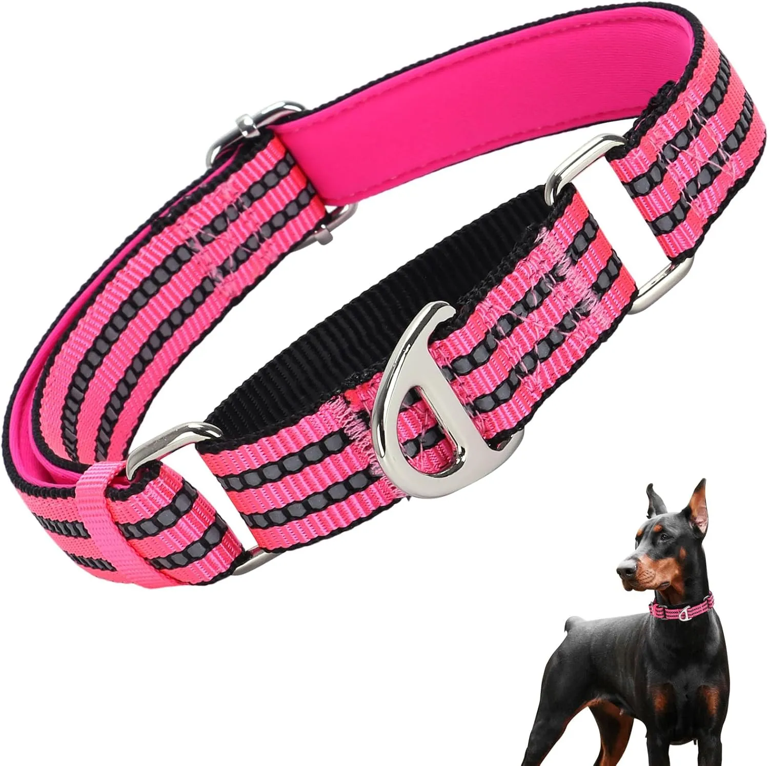 Reflective Martingale Collar for Large Dogs with No Buckle,No Pull Choke Collar with Padded Comfort for Training, Walking & Overexcited Pulling Control Dogs,Pink L