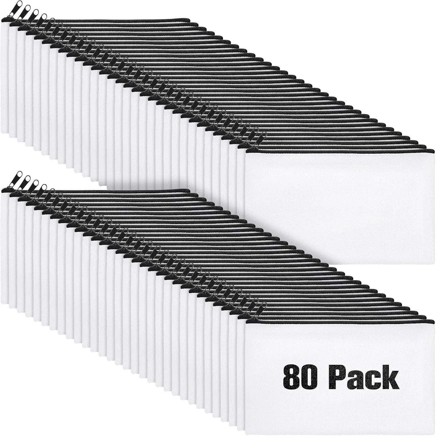 Reginary 80 Pack Canvas Zipper Makeup Bags Bulk Pencil Pouches Blank DIY Craft Canvas Cosmetic Bag Pouch with Zipper for Makeup Cosmetic Toiletry Stationary Storage(White and Black Zippers)