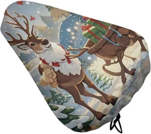Reindeer Delivering Bike Seat Cover Water-Repellent Exercise Bike Seat Cushion Bicycle Saddle Cover with Drawstring Rain Snow Dust Covers for City Mountain Road Biking