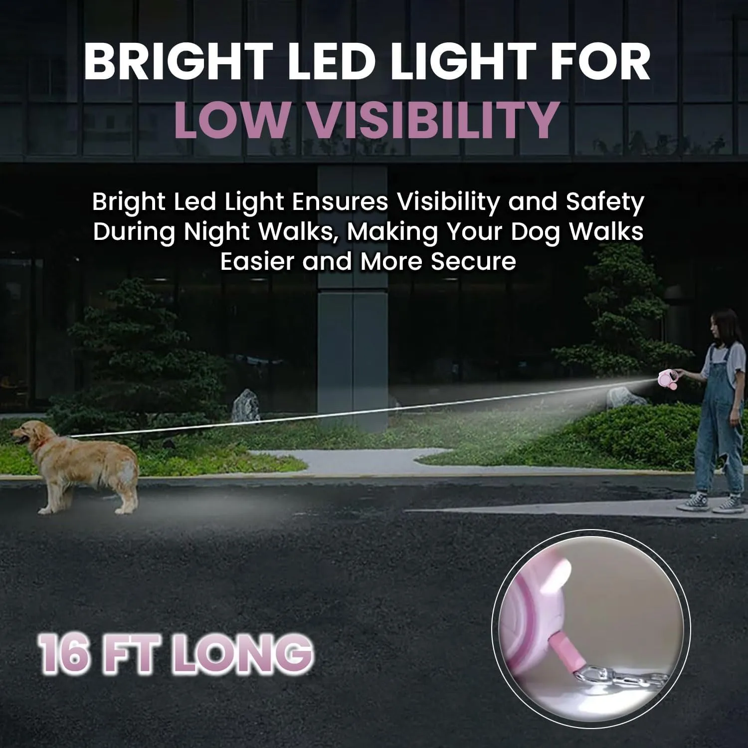 Retractable Dog Fancy Leash with Flashlight and Dispenser, 16 ft Dog Retractable Leash is Perfect for Safe and Comfortable Walking with Your Pet - Suitable for Dogs - Pink