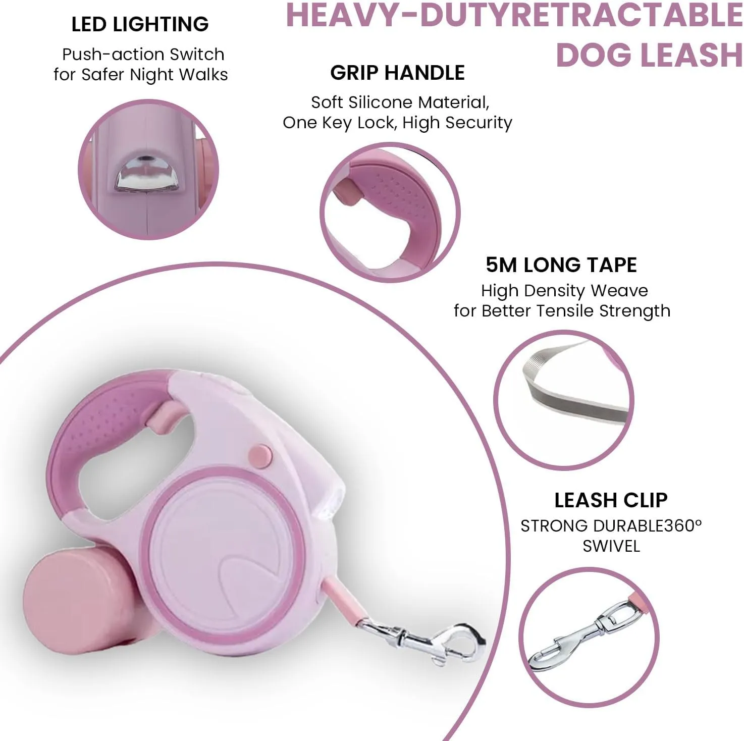 Retractable Dog Fancy Leash with Flashlight and Dispenser, 16 ft Dog Retractable Leash is Perfect for Safe and Comfortable Walking with Your Pet - Suitable for Dogs - Pink