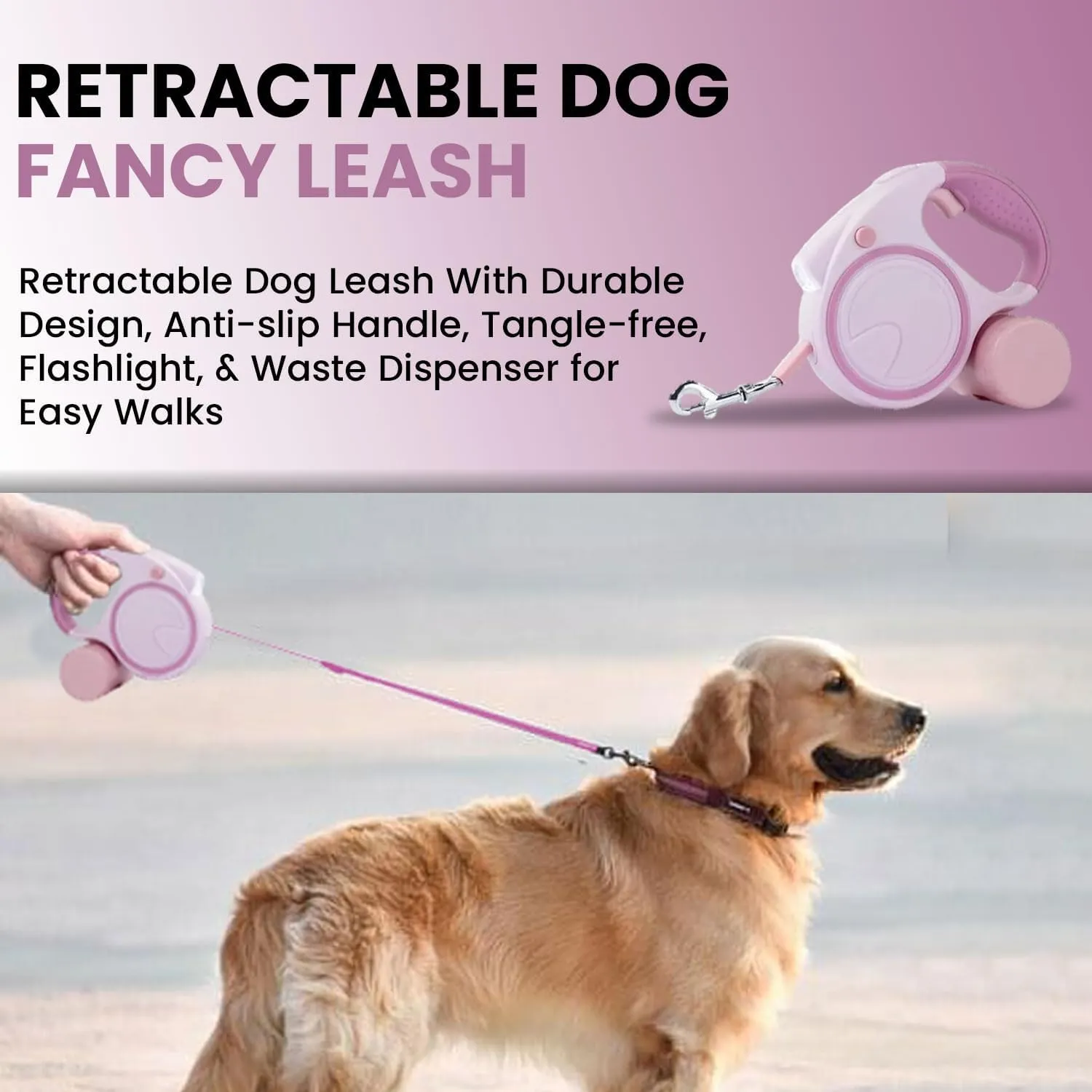 Retractable Dog Fancy Leash with Flashlight and Dispenser, 16 ft Dog Retractable Leash is Perfect for Safe and Comfortable Walking with Your Pet - Suitable for Dogs - Pink