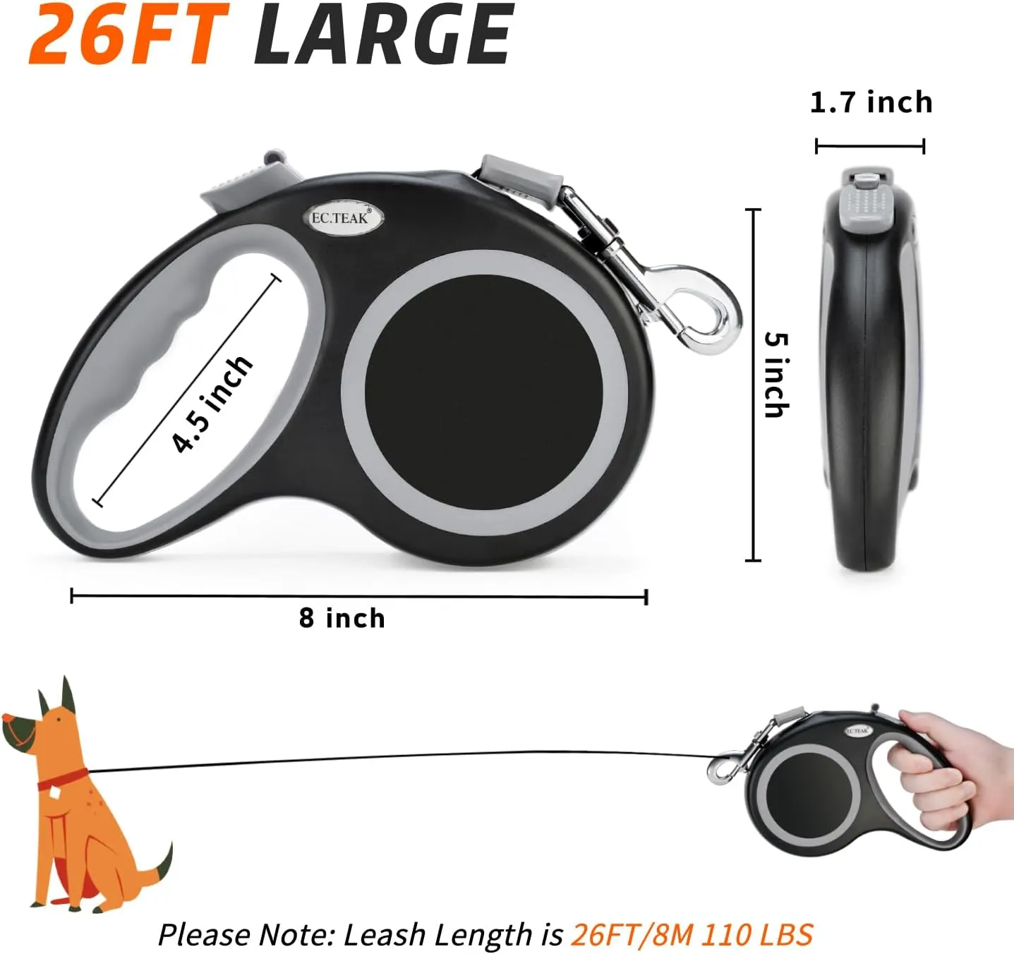Retractable Dog Leash 26 FT, Heavy Duty Dog Leash for Dogs up to 110lbs, Strong Nylon Tape No Tangle, One-Handed Brake, Pause, Lock, Perfect for Medium Large Dogs (Black, 26 FT(66-110 LBS))