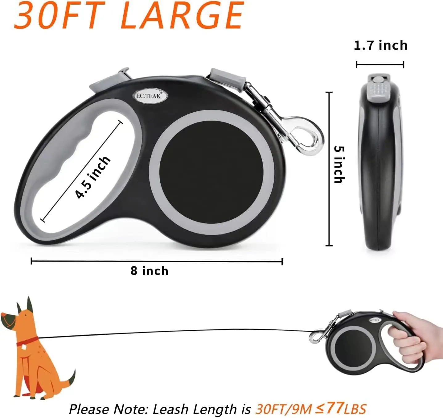Retractable Dog Leash, 30 FT Dog Walking Leash for Medium Large Dogs up to 77 lbs, Heavy Duty No Tangle, Large
