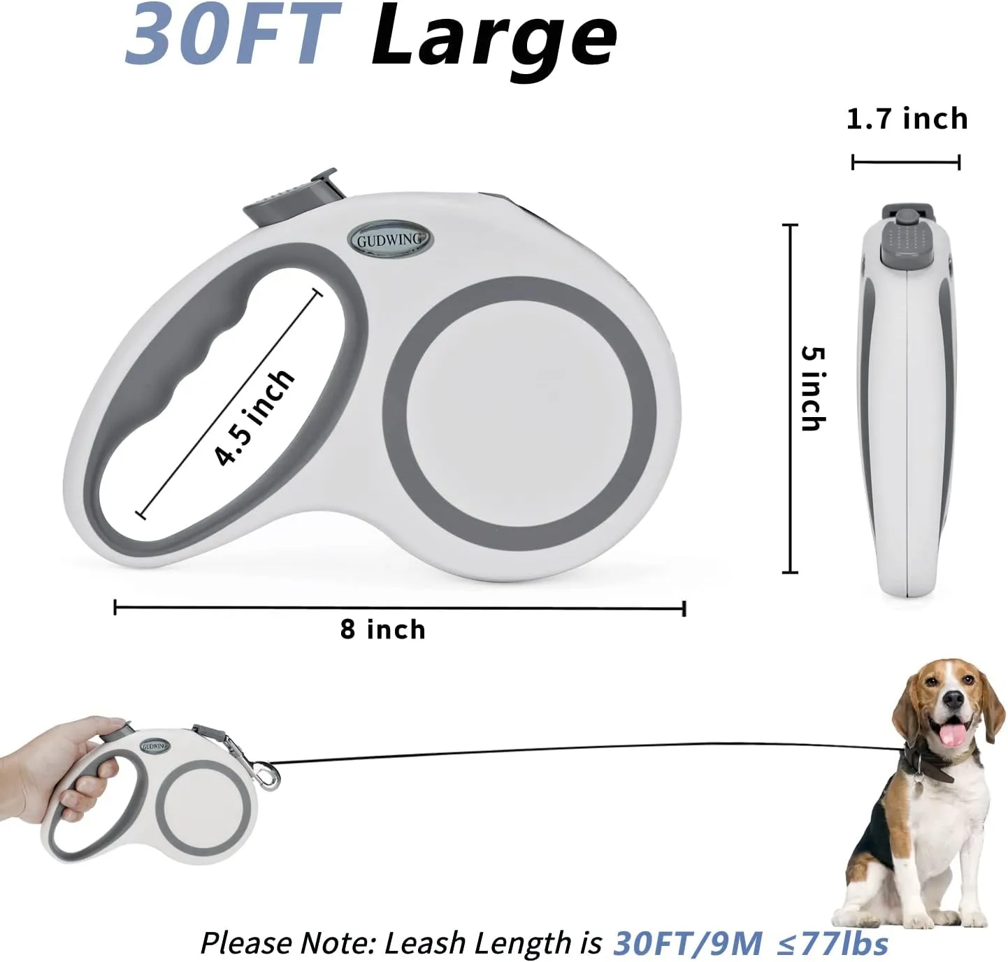 Retractable Dog Leash 30 FT, GUDWING Dog Walking Leash for Medium Large Dogs up to 77 lbs, Heavy Duty No Tangle, Large