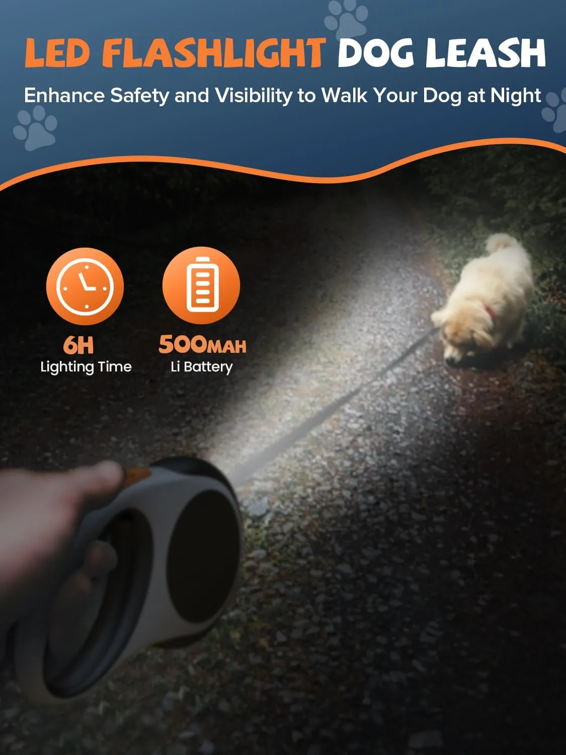 Retractable Dog Leash with LED Flashlight, Douexio Upgrade 3 in 1 Dog Leash Retractable for Small Medium Dogs Up to 66 lbs, 16ft, Anti-Slip Handle (Black-White)