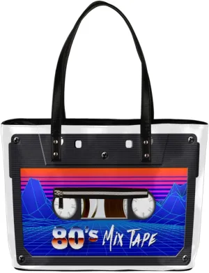Retro Cassette Tape Tote Bag Women Shoulder Handbags PU Leather Everyday Bag with External Pocket Large Capacity Aesthetic Corduroy Tote Bag for Travel Work Party