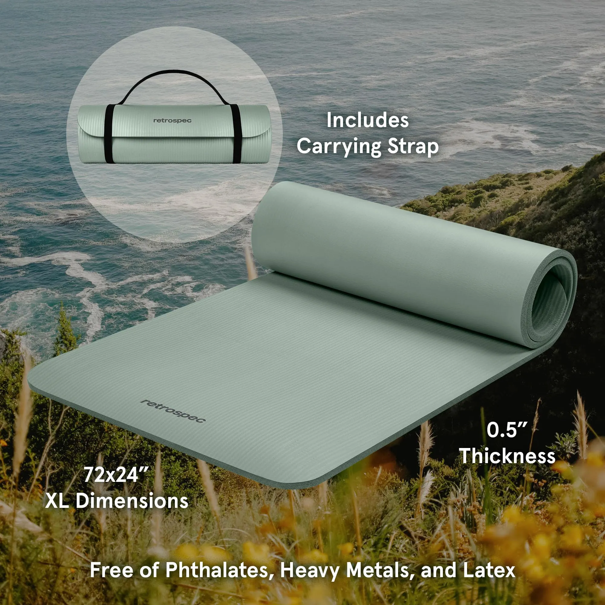 Retrospec Solana Yoga Mat 1/2" Thick w/Nylon Strap for Men & Women - Non Slip Excercise Mat for Yoga, Pilates, Stretching, Floor & Fitness Workouts, Sage