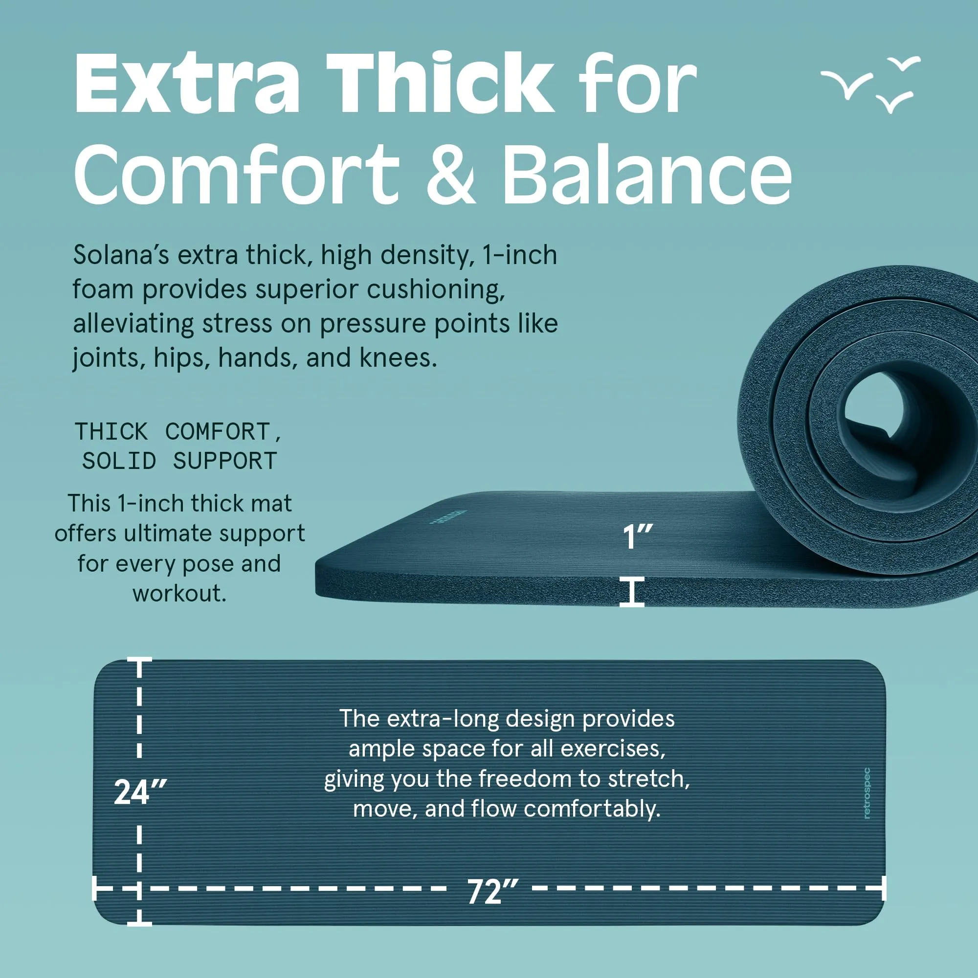 Retrospec Solana Yoga Mat 1" Thick w/Nylon Strap for Men & Women - Non Slip Exercise Mat for Home Yoga, Pilates, Stretching, Floor & Fitness Workouts - Ocean Blue