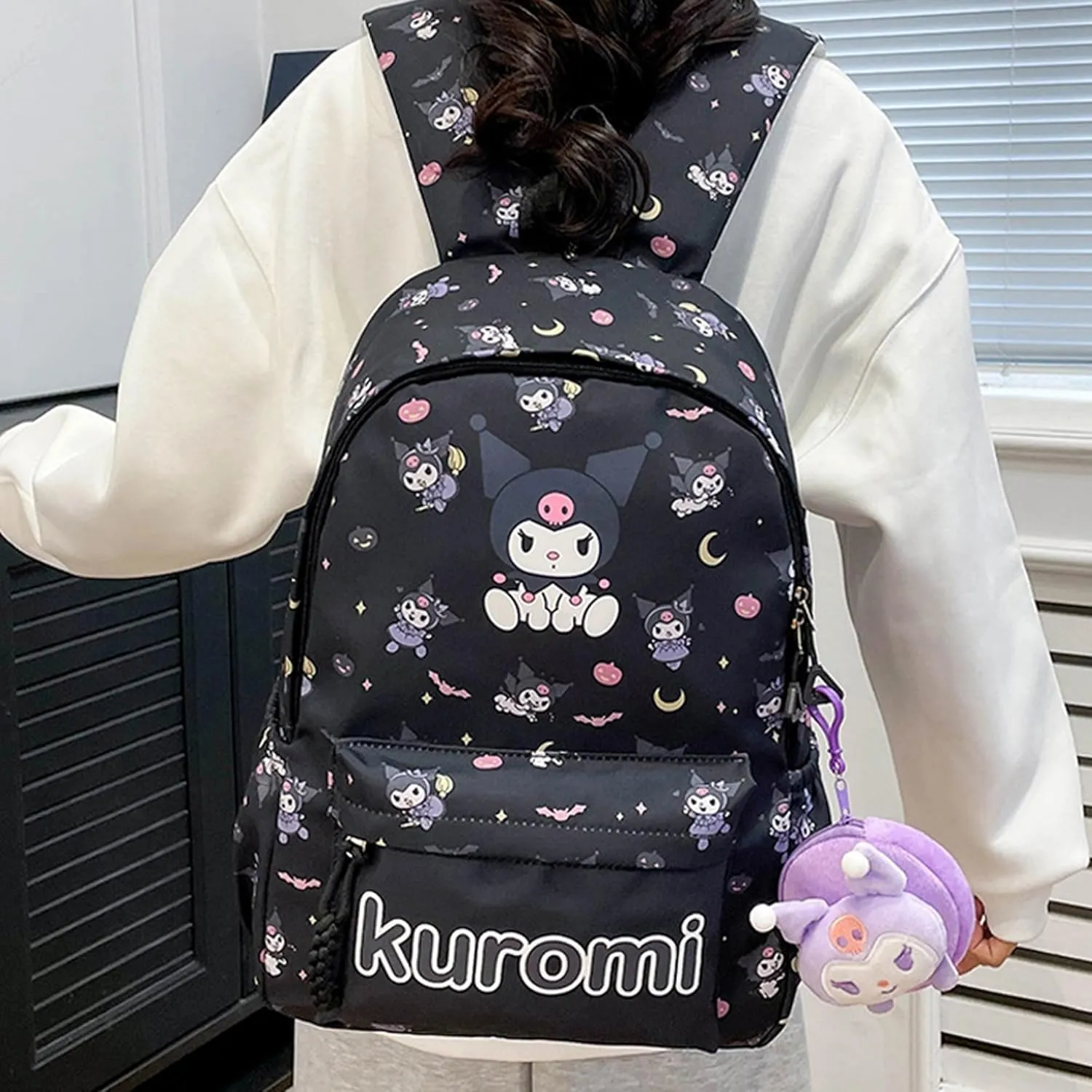 Roffatide Anime All Over Print Casual Backpack Laptop Backpack Travel Hiking Rucksack Zipper Backpack Black